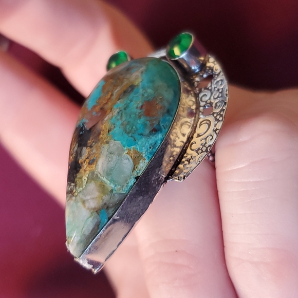 New Oversized Chrysocolla & Diopside 925 Silver Statement Ring. - Picture 8 of 14